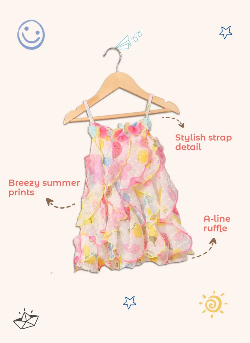 Nautinati Girls' Chiffon Ruffle All-over Strawberry, Mango, Blueberry & Floral Print A-line Dress with Swiss Dot Pattern